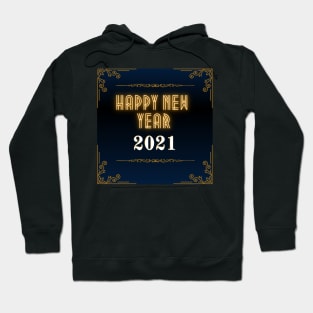 happy new year 2021 holiday retro vintage theme blue gold yellow brown border pattern Hoodie